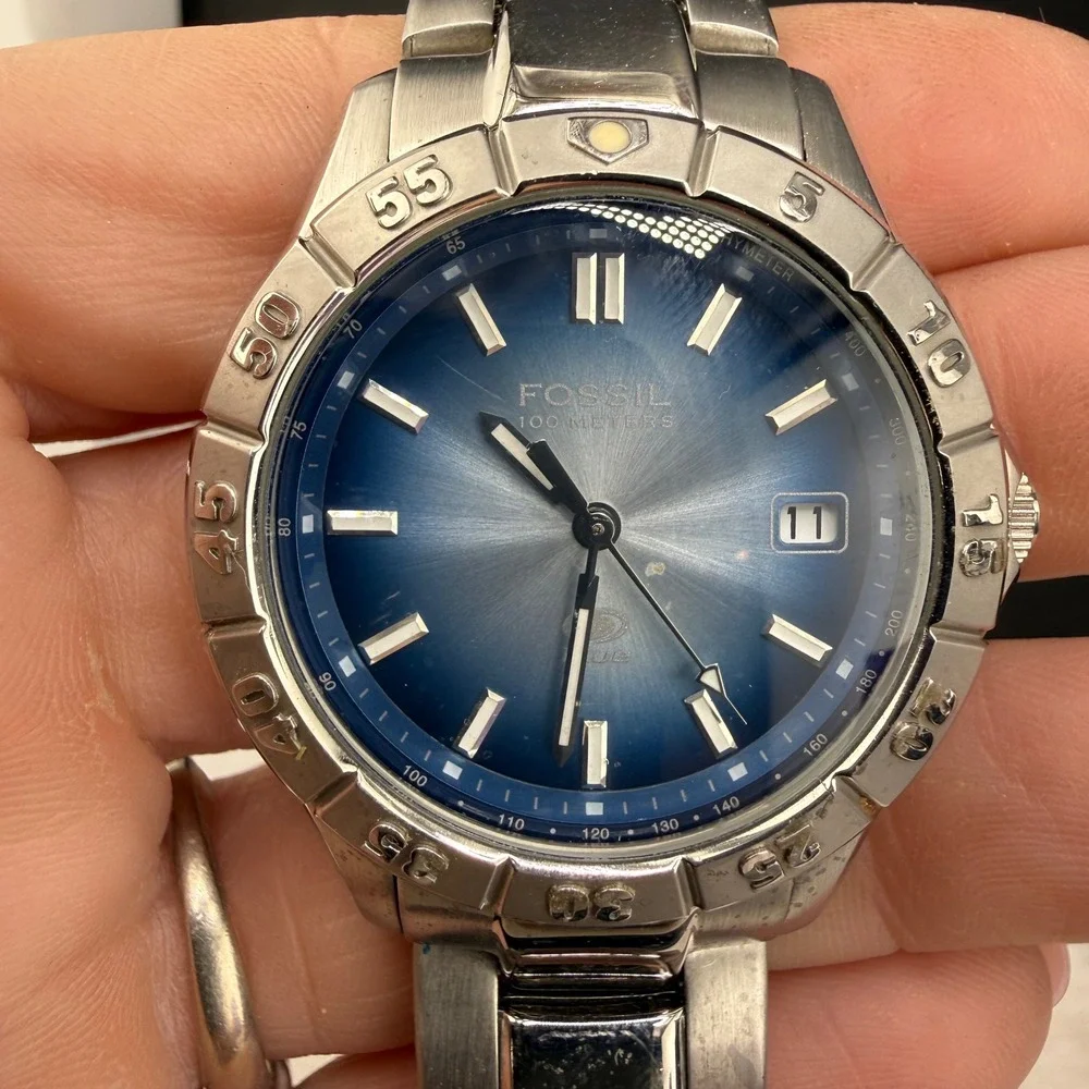 Vintage Fossil Blue Watch Blue Dial Stainless Steel BQ-9034 Mens 40mm UNTESTED